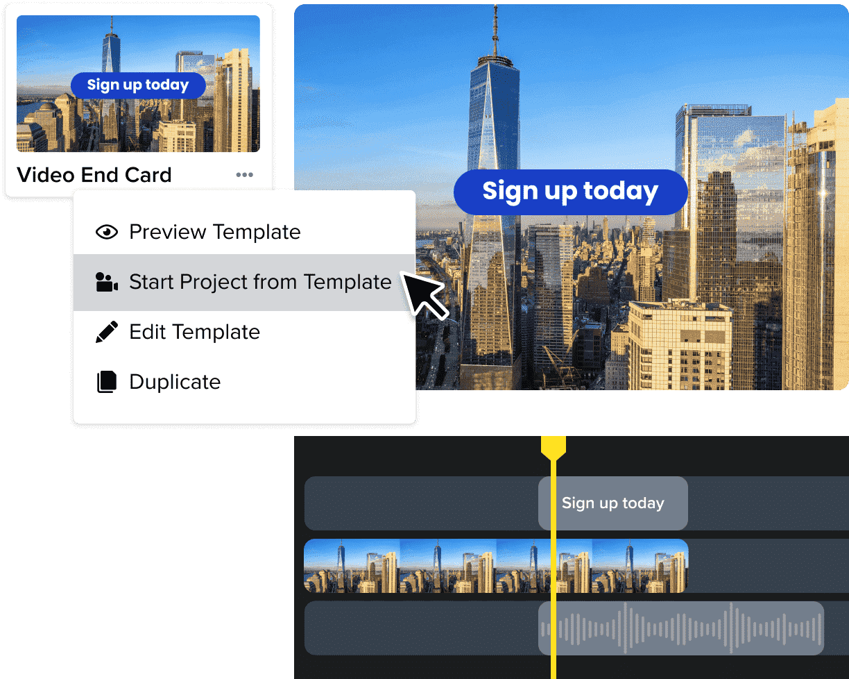 View of a selected Maker Template and it’s available actions next to the Maker editor showing a video preview of the selected Template.Y